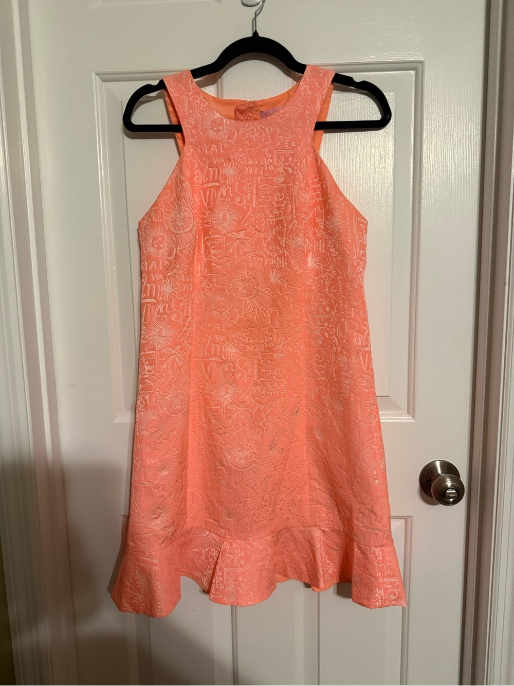 Lilly Pulitzer Liana Dress 6 Coral Pink Jacquard Word On The Street Flounce Hem